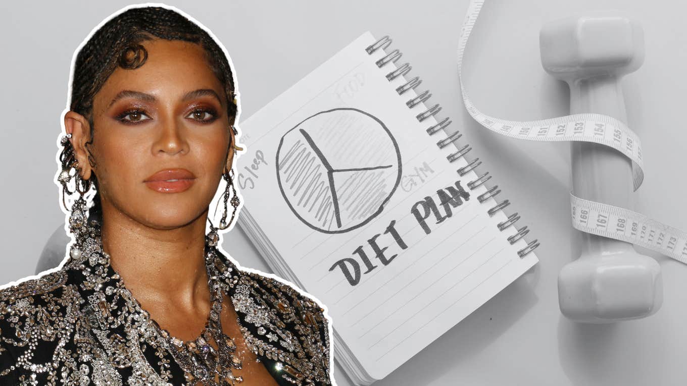 Beyoncé, diet plan with almond nut, dumbbells, and apple on table