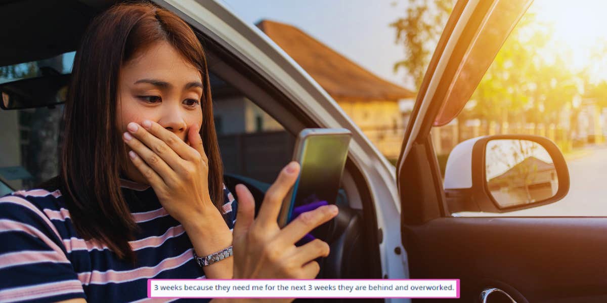 Woman Gets A Group Text Saying She Will Be Terminated In 3 Weeks shocked woman reading a text