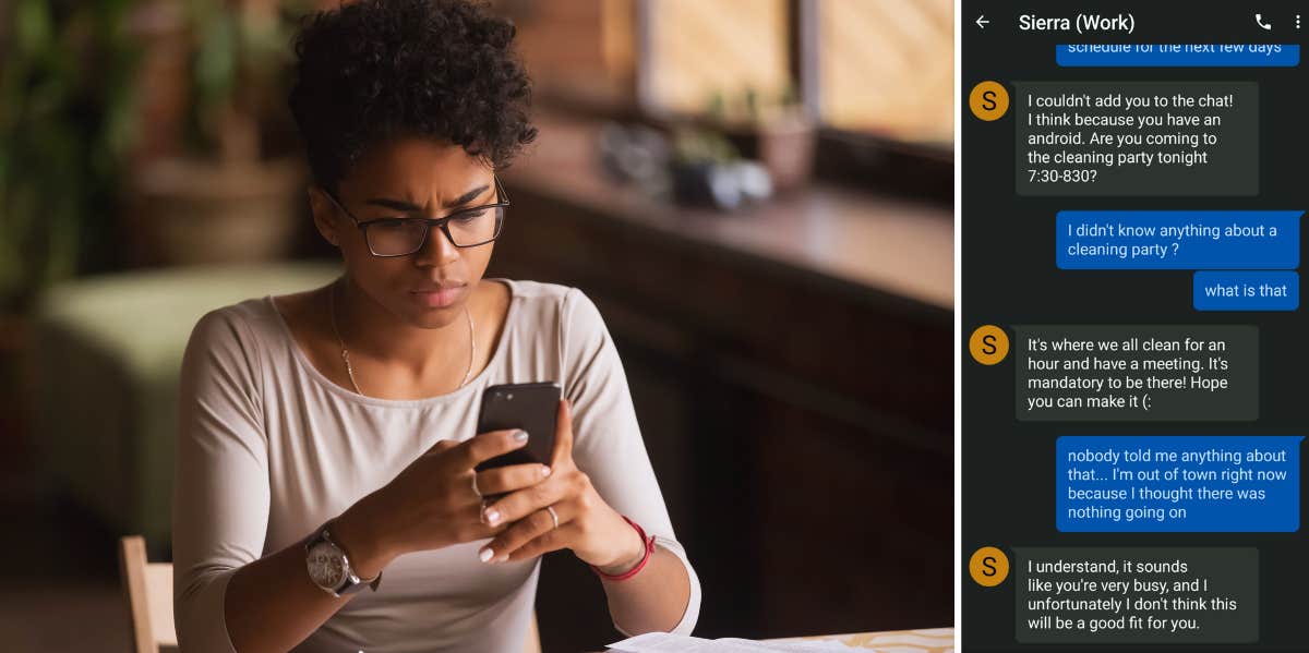 Boss Demands That Worker Attends Cleaning Party On Her Day Off & Fires Her When She Refuses woman looking at phone confused