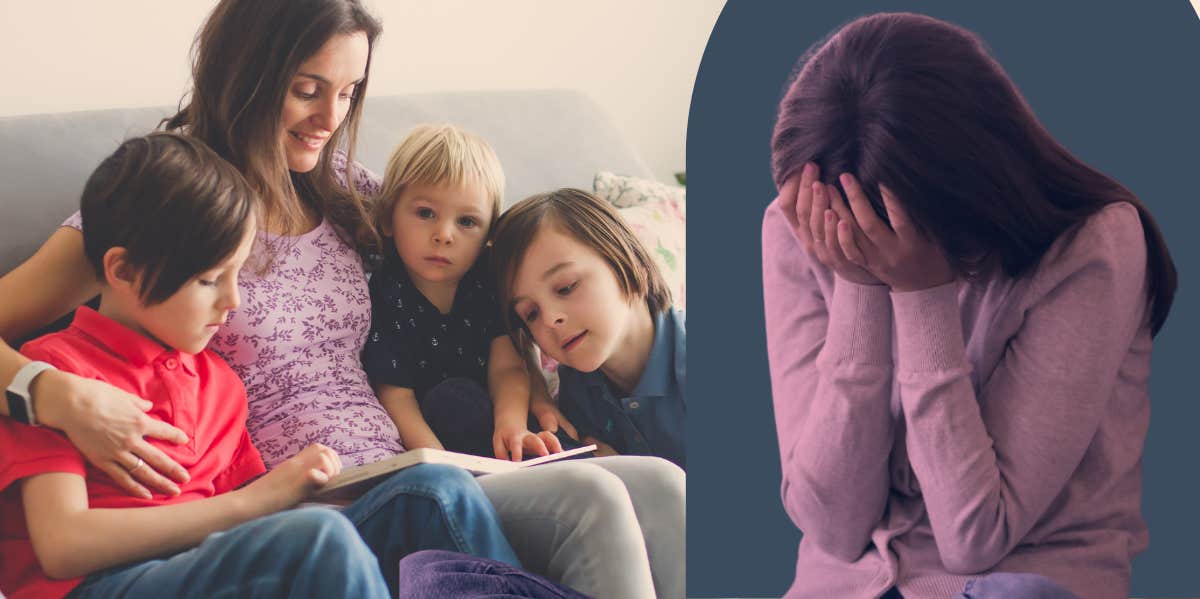 mother with 3 kids, woman crying