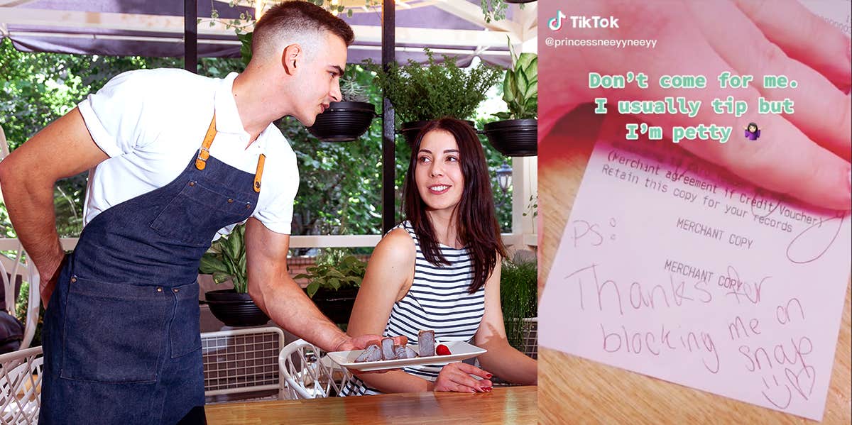 A photo of a waiter giving a woman a plate of food, and a screenshot from Sydney's Tik Tok of the note on her receipt.