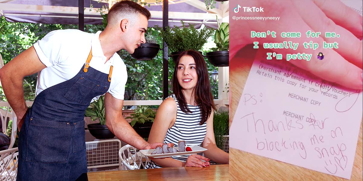 Woman Gets Revenge On Man Who Ghosted Her A photo of a waiter giving a woman a plate of food, and a screenshot from Sydney's Tik Tok of the note on her receipt.