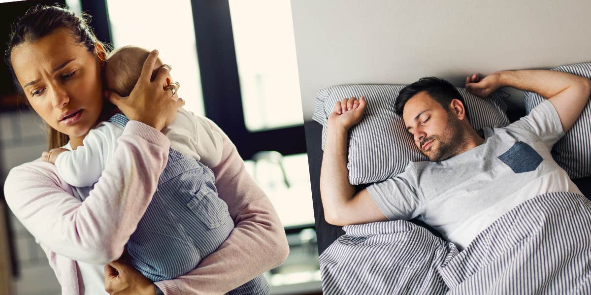 mother consoling infant, man sleeping