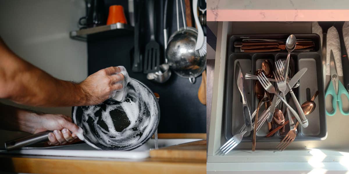 Woman Shares Husband's 'Attempt' To Put Away Their Silverware & People Are Warning Her That It Could Be A Sign Of A Bigger Marriage Problem Washing dishes, drawer of silverware