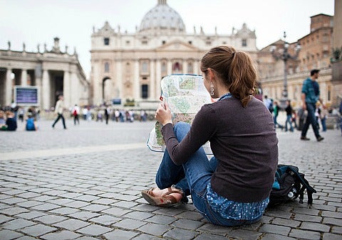 woman looking at a map