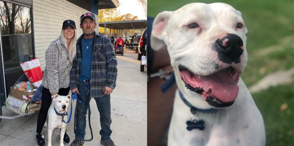 A photo of Casandra Lynn, Larry, and his dog junior next to a photo of Junior