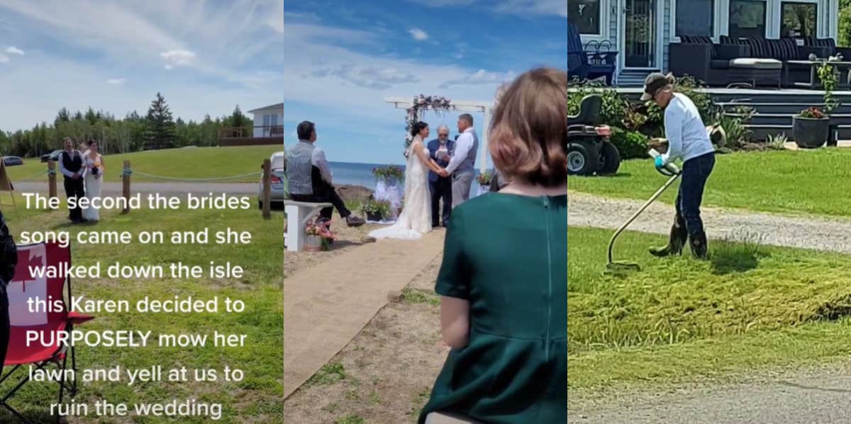 woman mows lawn while couple have wedding ceremony