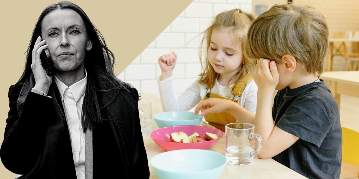 Woman Leaves Stepkids Alone In A Café When Their Mother Didn’t Show Up On Time — Now The Mom Is Getting Police Involved Woman on the phone, kids in a cafe