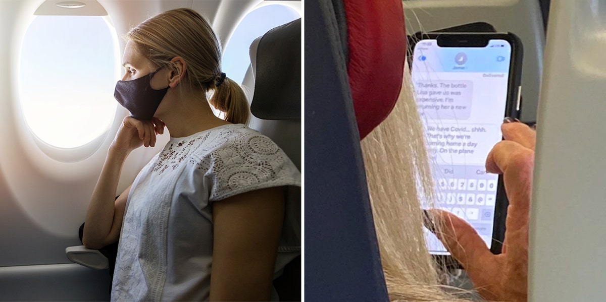 woman on plane text message covid