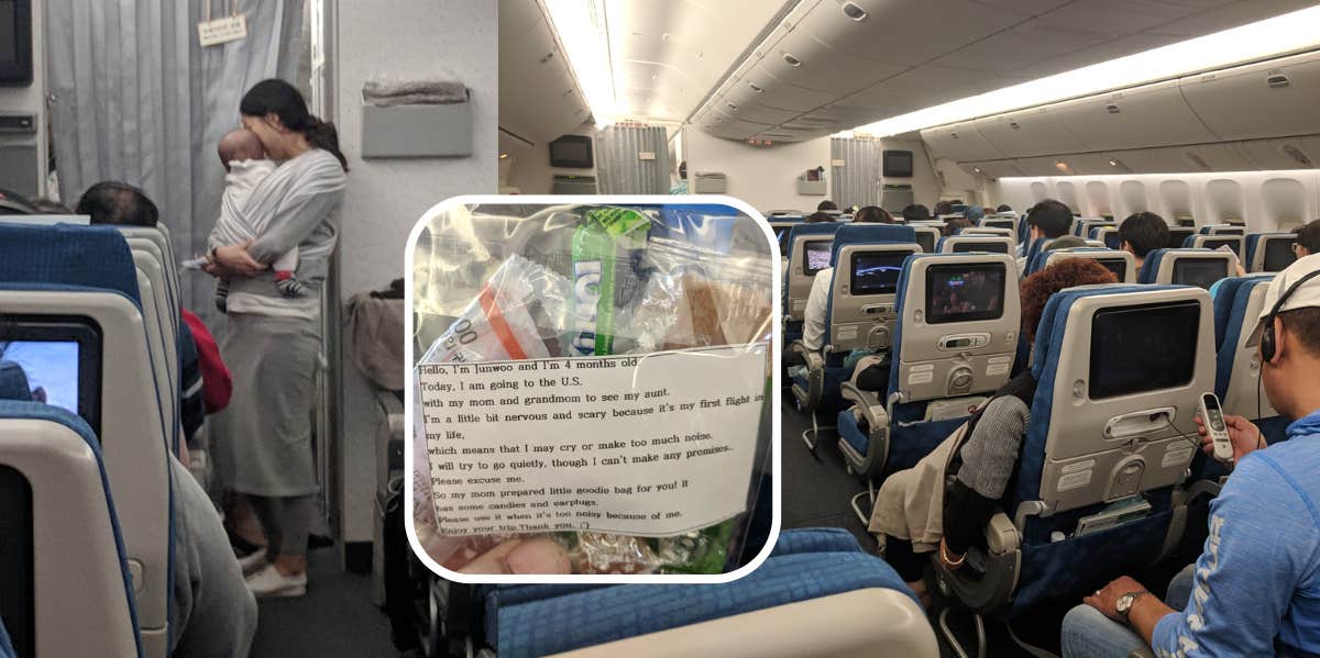 Dave Corona Facebook post about woman with goodie bags on plane