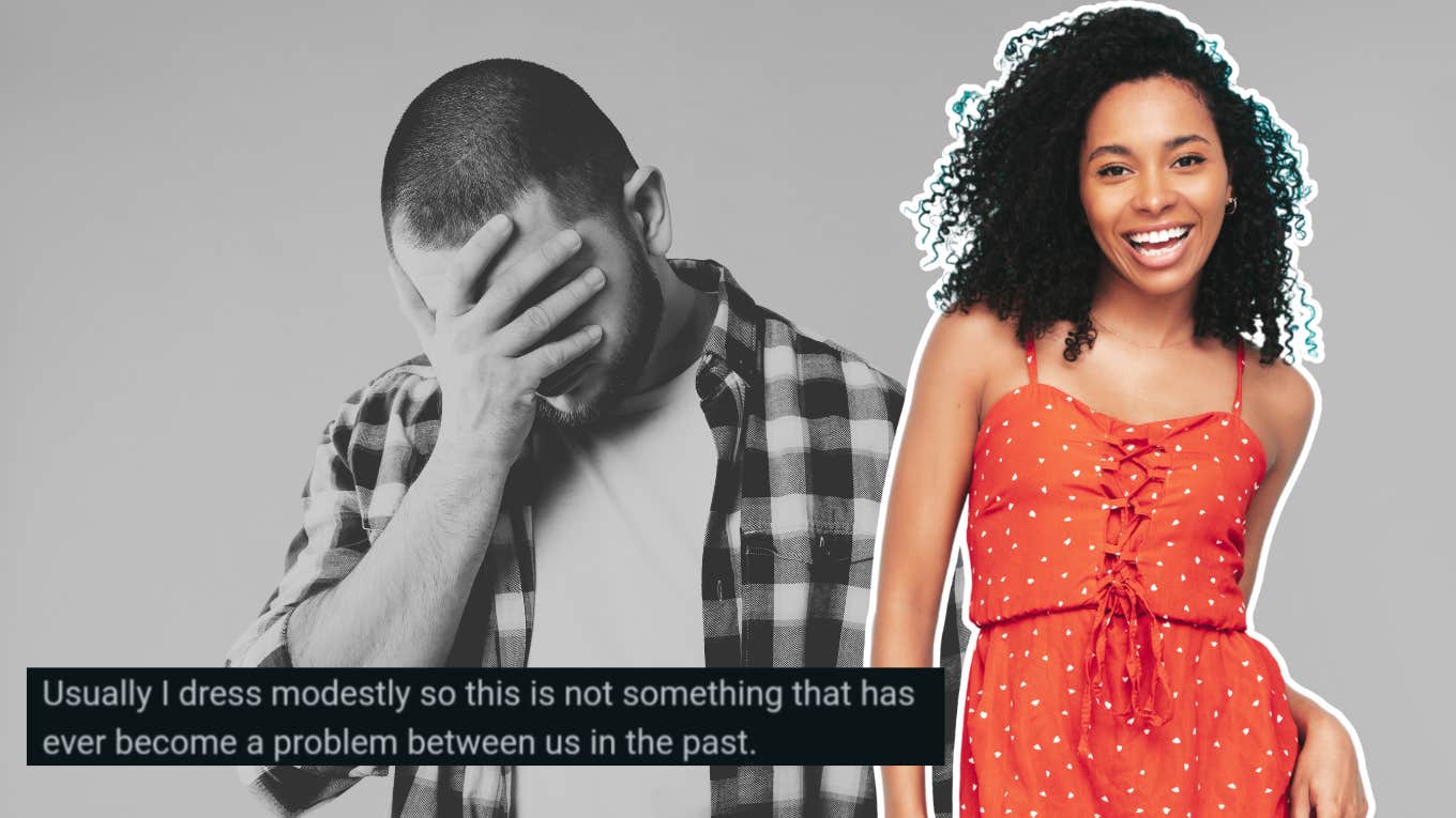 Woman Disagrees With Her Boyfriend's Request That She Dress Modestly During A Heatwave woman in a red dress, man upset with head in hand, reddit post