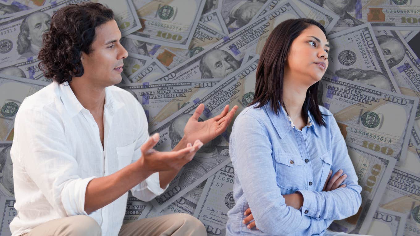 man begging woman and hundred dollar bills