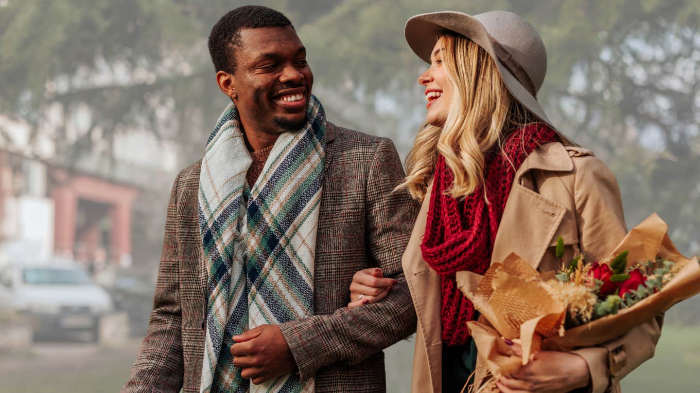 Man and woman walking home after a first date. 