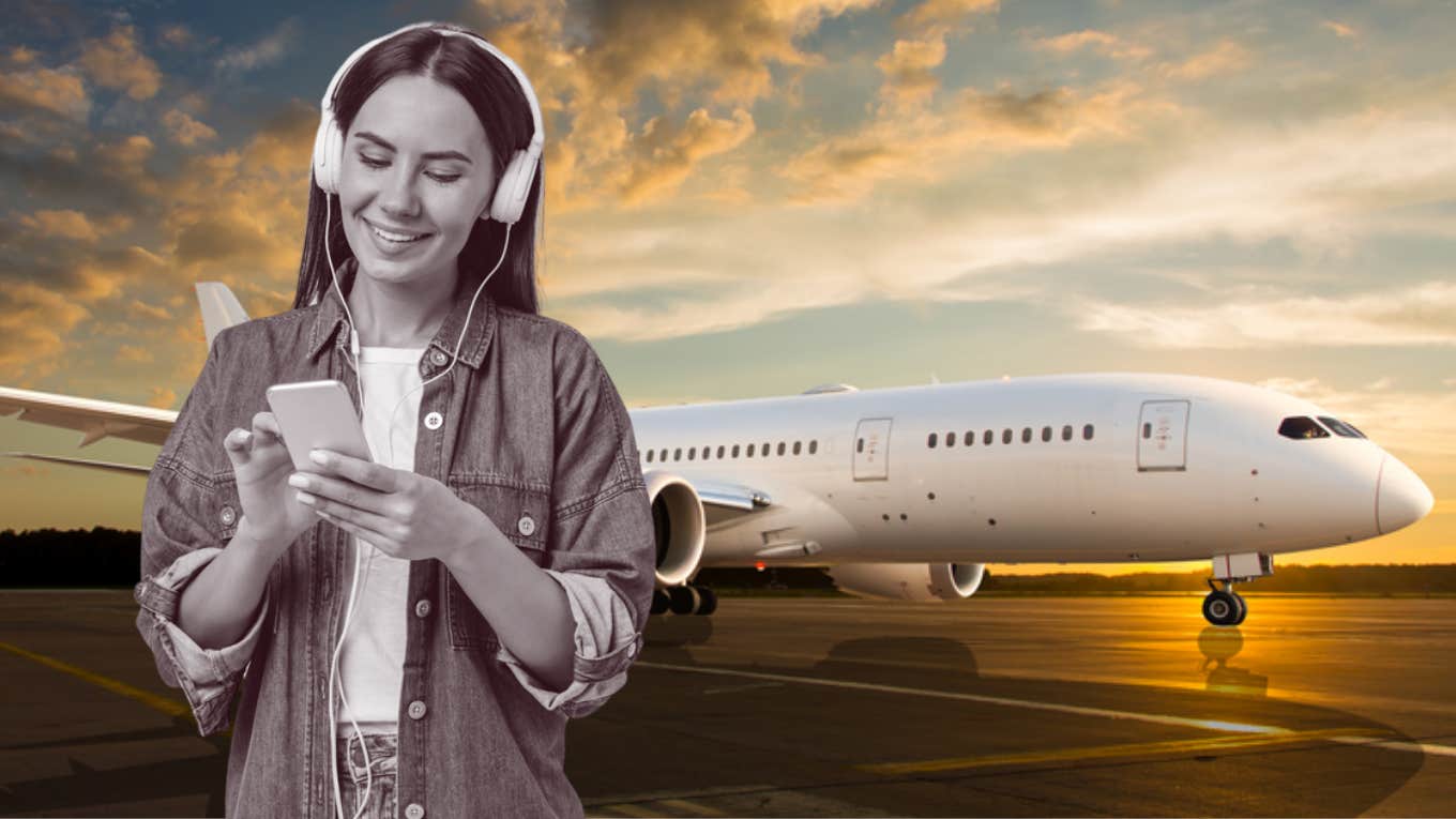 woman, plane, headphones 