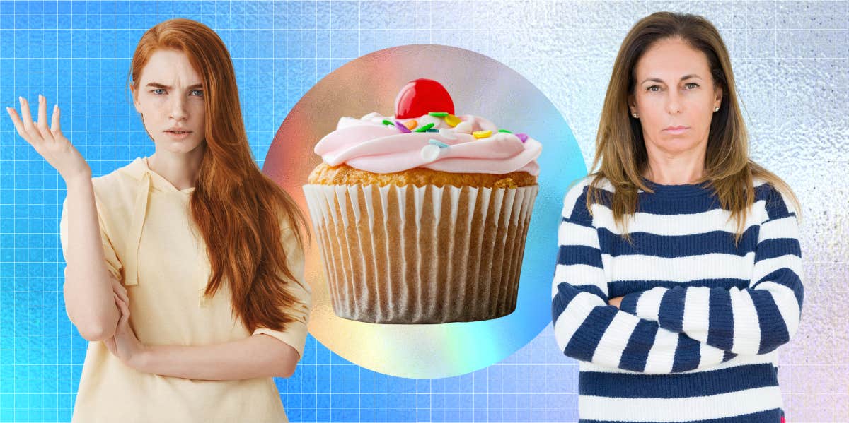 Woman Returns Stepdaughter's Birthday Gift Because She Didn't Save Her Daughter A Cupcake annoyed teenage girl and angry middle-aged woman, cupcake