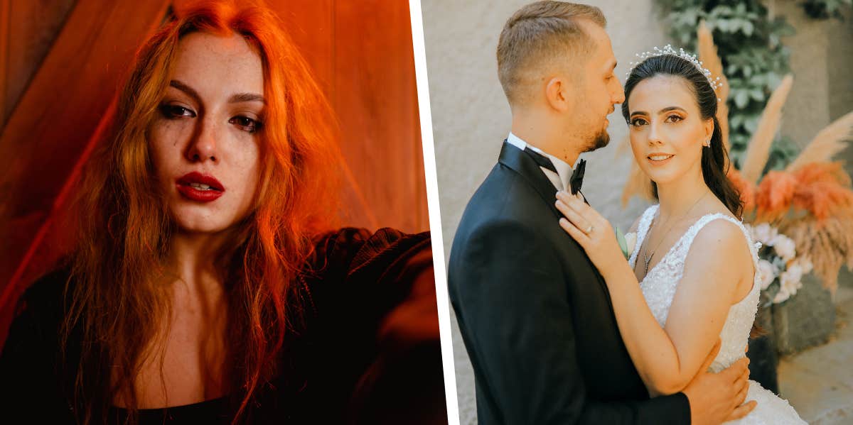Stepsister Asks Bride To Change Her 'First Dance' Song Because Of Her Connection To It, Bride Refuses Woman upset, bride and groom posing