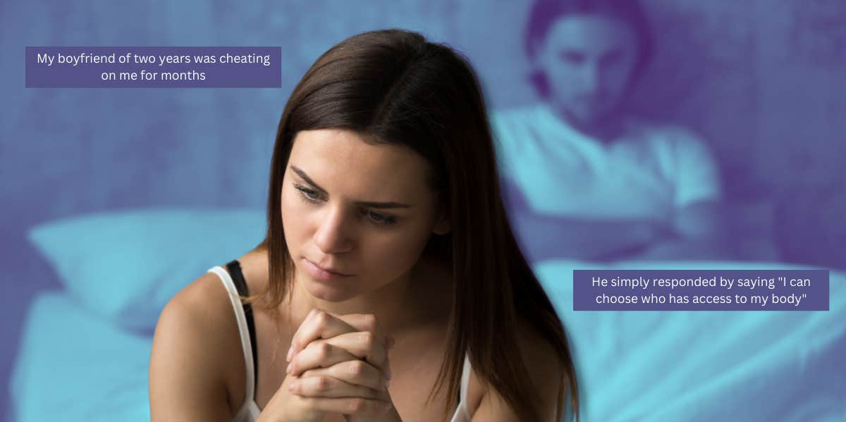 Woman Says Her Boyfriend's Excuse For Cheating On Her Was 'His Body His Choice' & Now She Wonders If He's Right Woman on bed upset