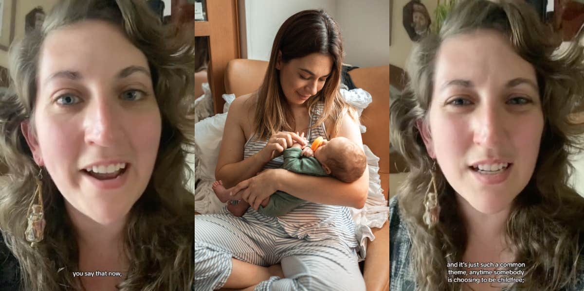 Woman Says She's Tired Of People Trying To Convince Her To Not Be Child-Free @honeyandmud, woman holding newborn baby while sitting on a chair