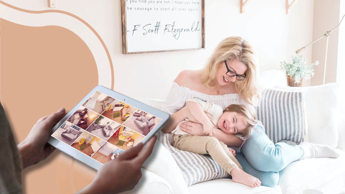 woman monitoring home security system, woman with young child