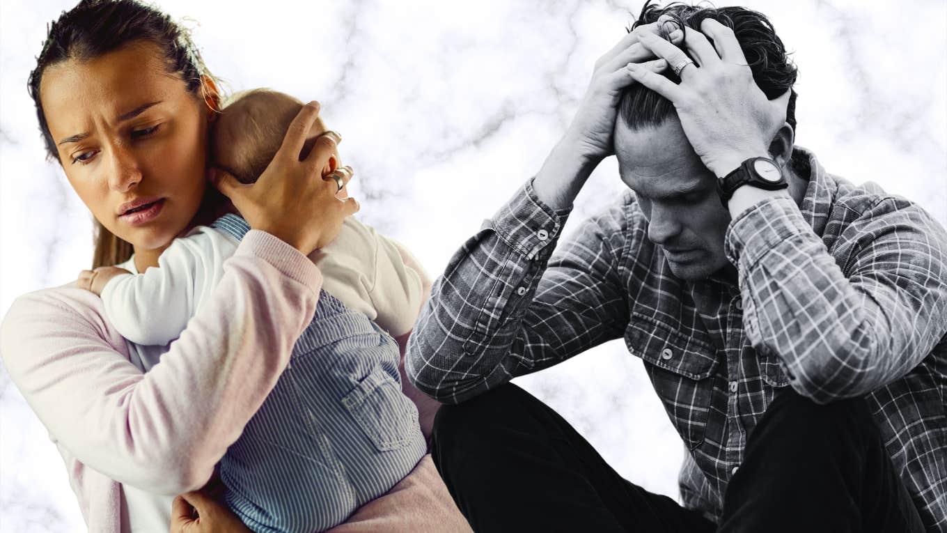 Mom Asks Advice After Her Husband's Temper Causes Him To Hit Their Baby mom consoling baby, man upset sitting with head in hands