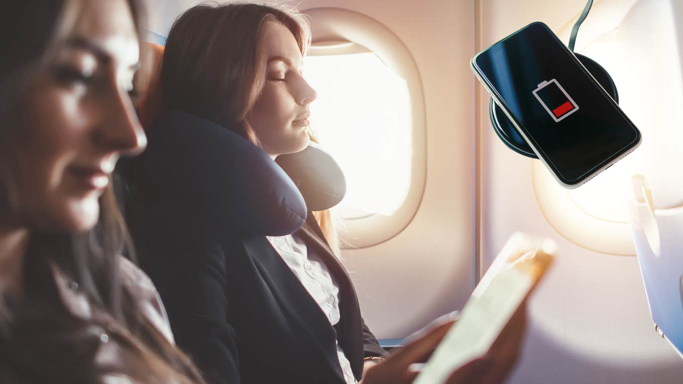 Passengers sitting on a plane with a low battery phone. 