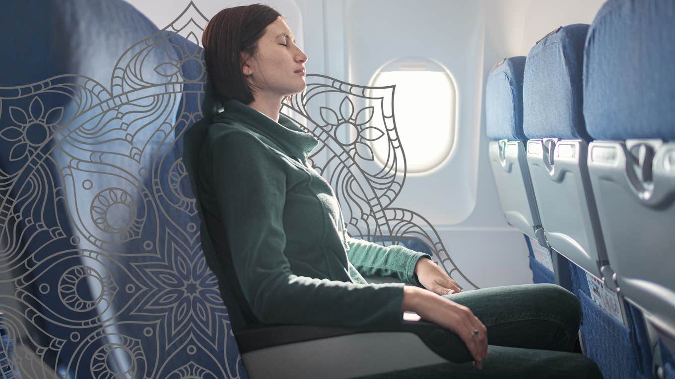woman sitting silently on airplane, no distractions
