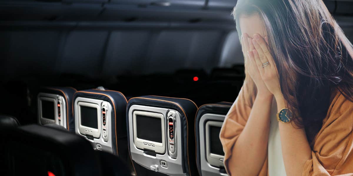 Woman Posts Photos 'Sandwiched Between Two Obese People' On A Plane — Asks Airline For 'Reparations' woman with hands over face and airplane interior