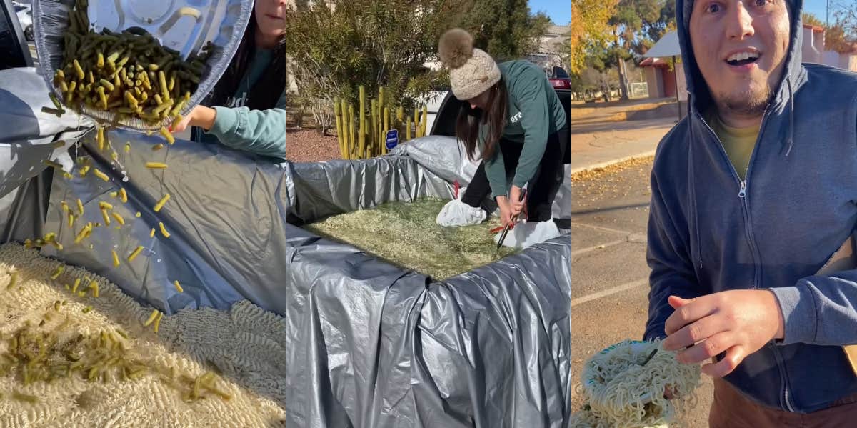 Couple Called Out For Staging Video Feeding A 'Homeless' Man Ramen Out Of Their Truck Woman mixing ramen in her pickup truck