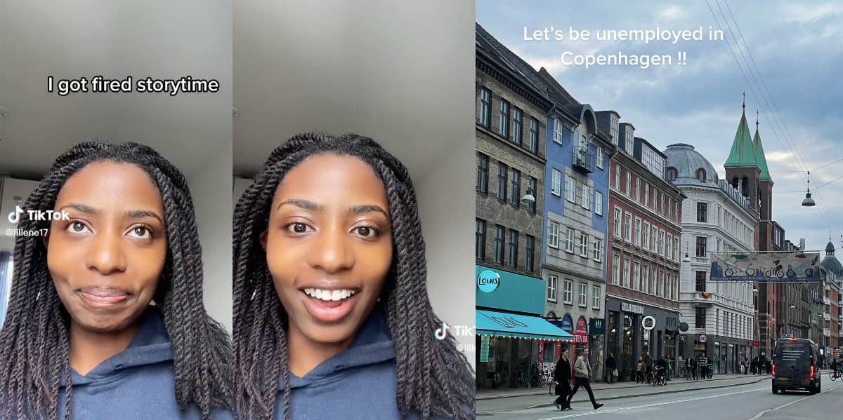 Screenshots of Jaylen speaking to the camera, with text that reads "I got fired storytime". There is also a photo of a beautiful street landscape titled "let's be unemployed in Copenhagen !!"