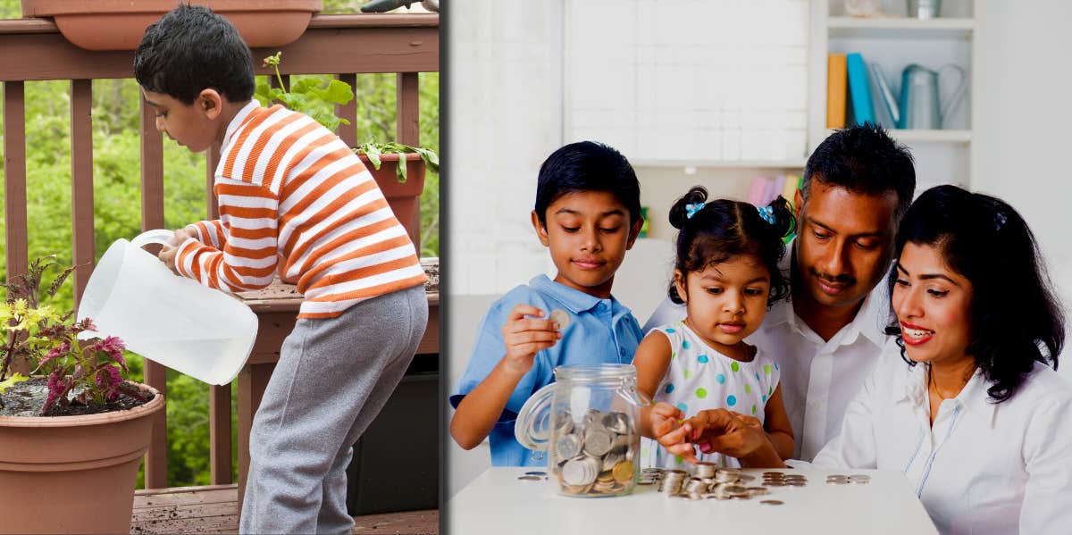 boy watering plants, family saving coins