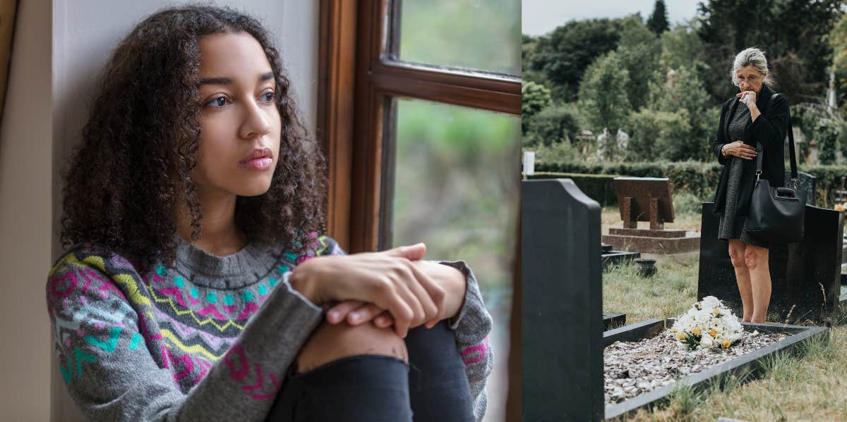 Teen thinking, woman at grave