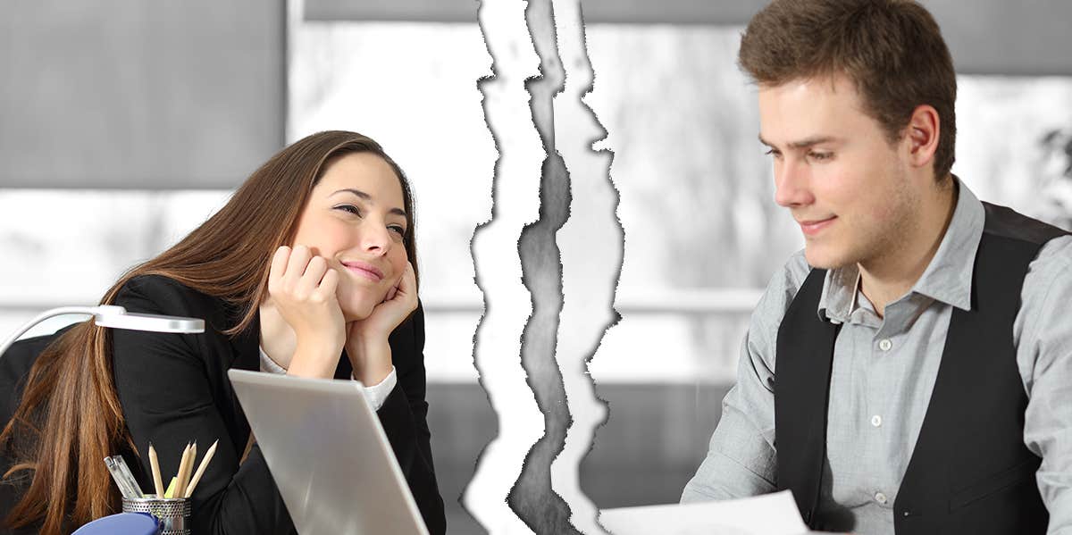 Woman in awe over guy at work