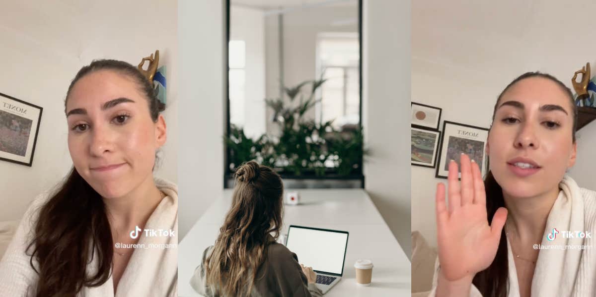 Woman Hangs Up On Employer During Job Interview After Being Told She Has To Work A 6-Day Week Lauren Morgan, woman using laptop at desk