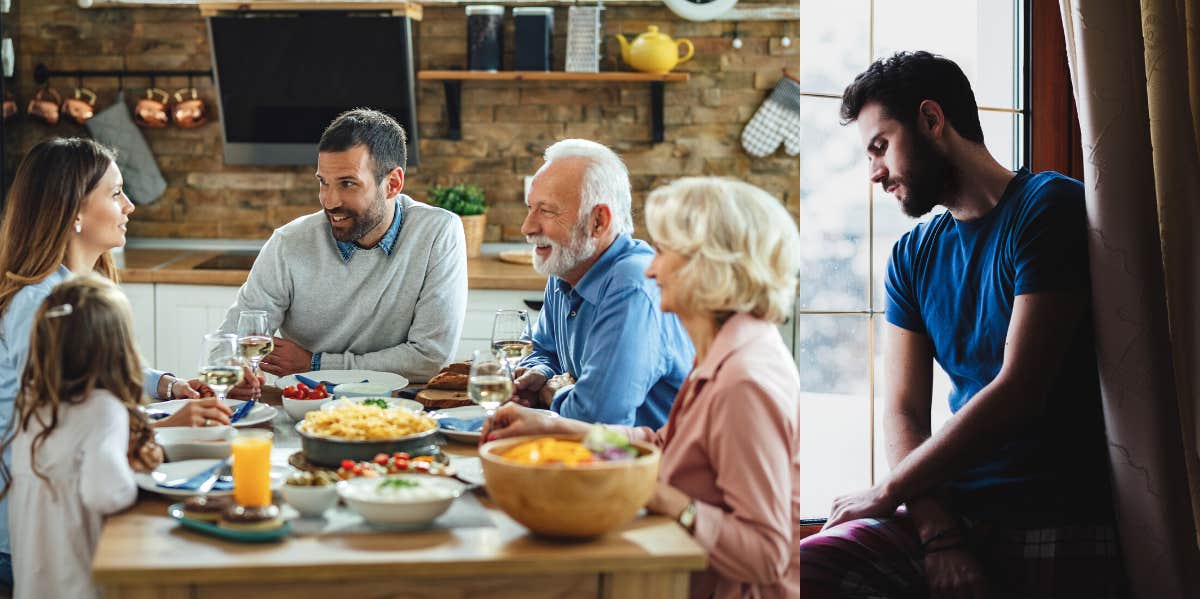 Woman having family dinner without her brother