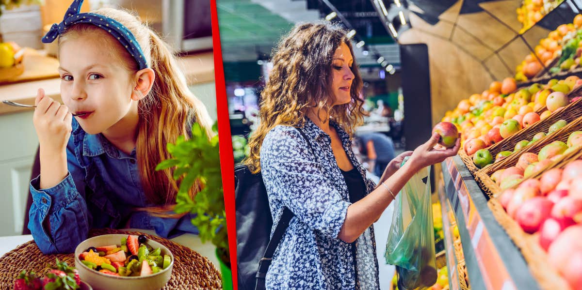 Girl eating fruit, mom buying fruit at store