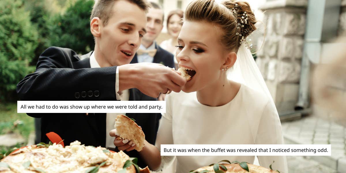 Bride and groom eating food at wedding