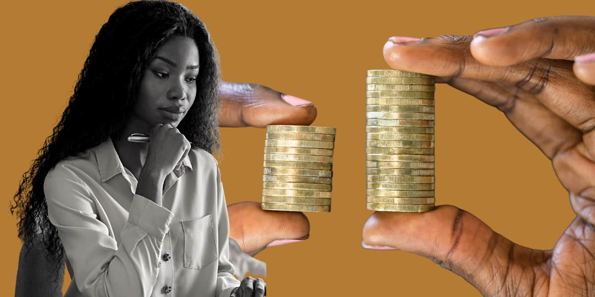 Woman working, stack of coins