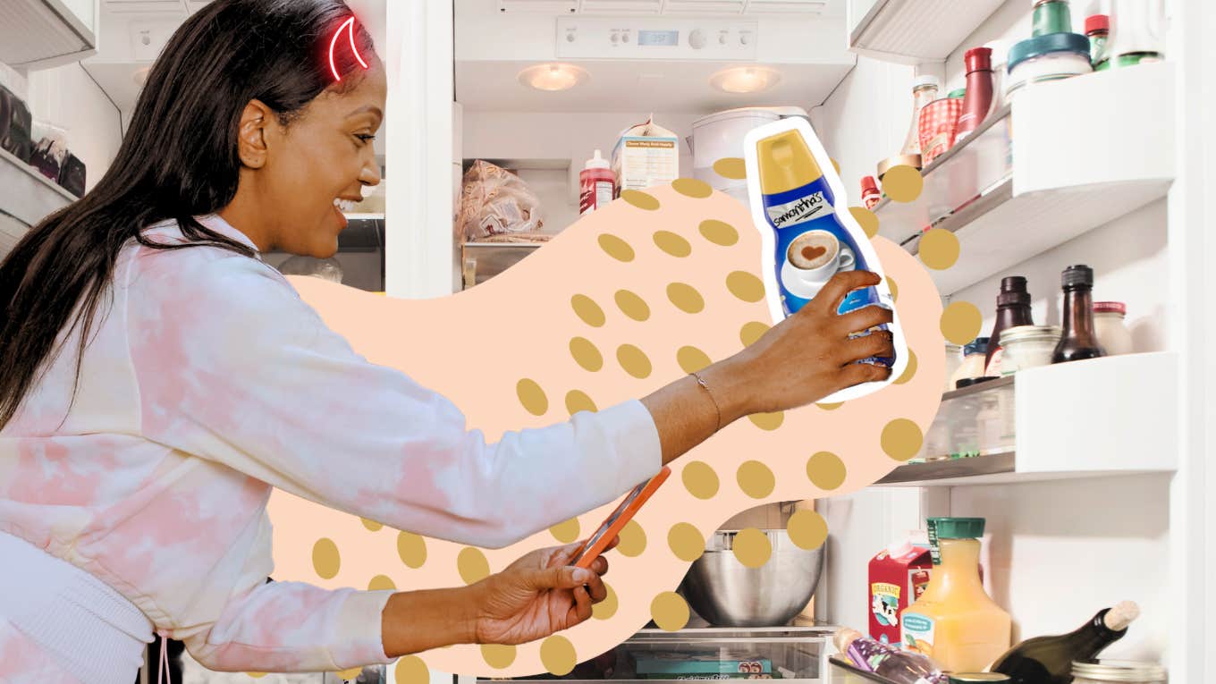 Employee putting her creamer in the fridge 
