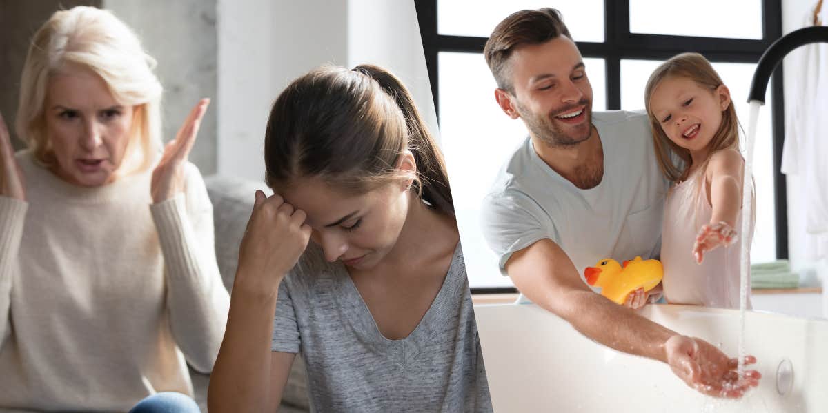 Mother arguing with daughter, husband filling bath with daughter