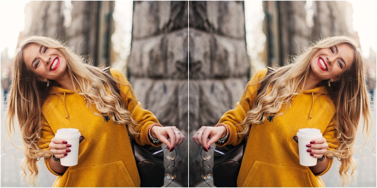 mirror image of woman wearing yellow and holding glasses and coffee cup