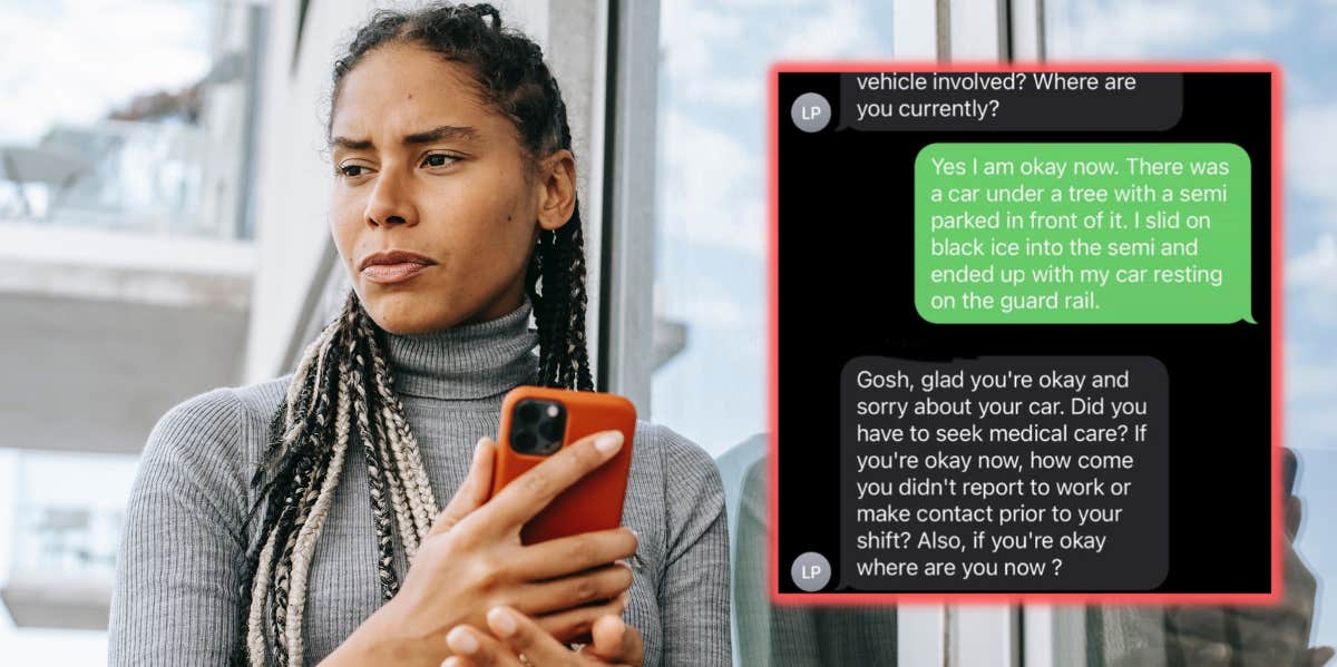 Boss Asks Worker Stranded In Blizzard Why They Didn't Call Into Work Woman with phone and a screenshot of the worker's texts