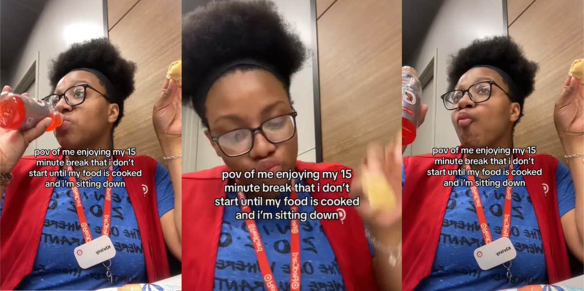 Worker Says She Doesn't Start Her Break Officially Until Her Food Is Hot And She's Already Sitting Down Screenshots from @khristianb2 TikTok