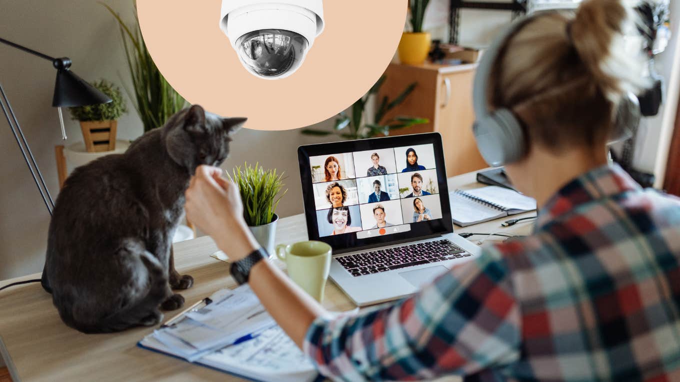 Woman working from home while on a work call with her camera on