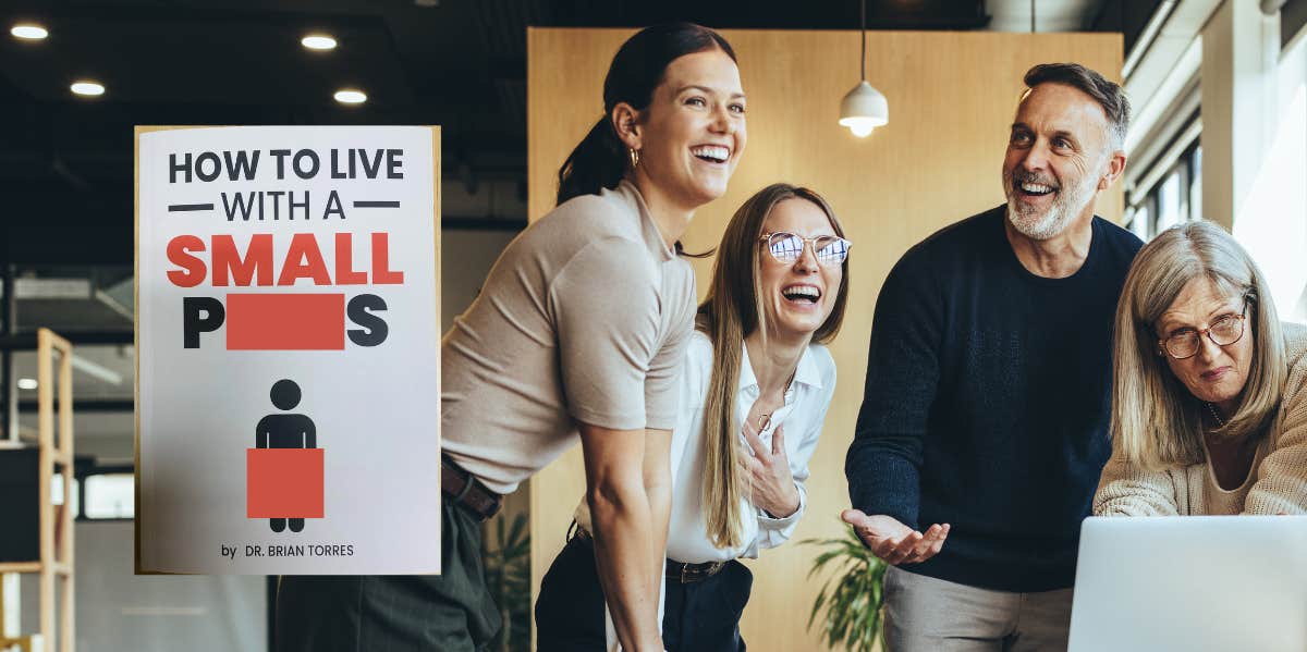 Man surrounded by female coworkers, gag gift