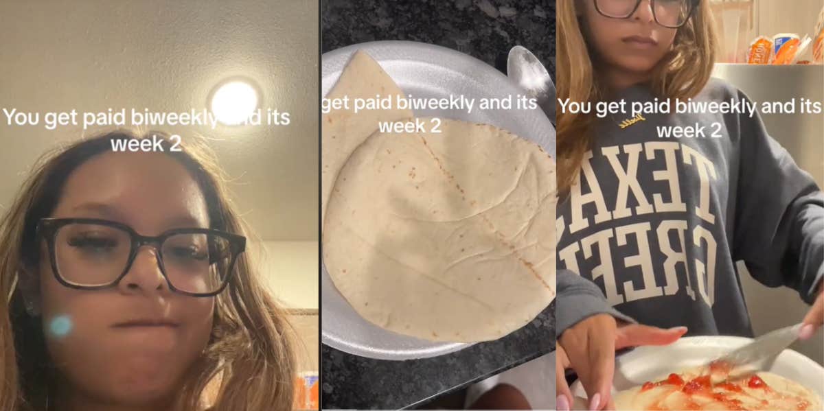 worker shows what she is forced to eat on week 2 of her biweekly pay period