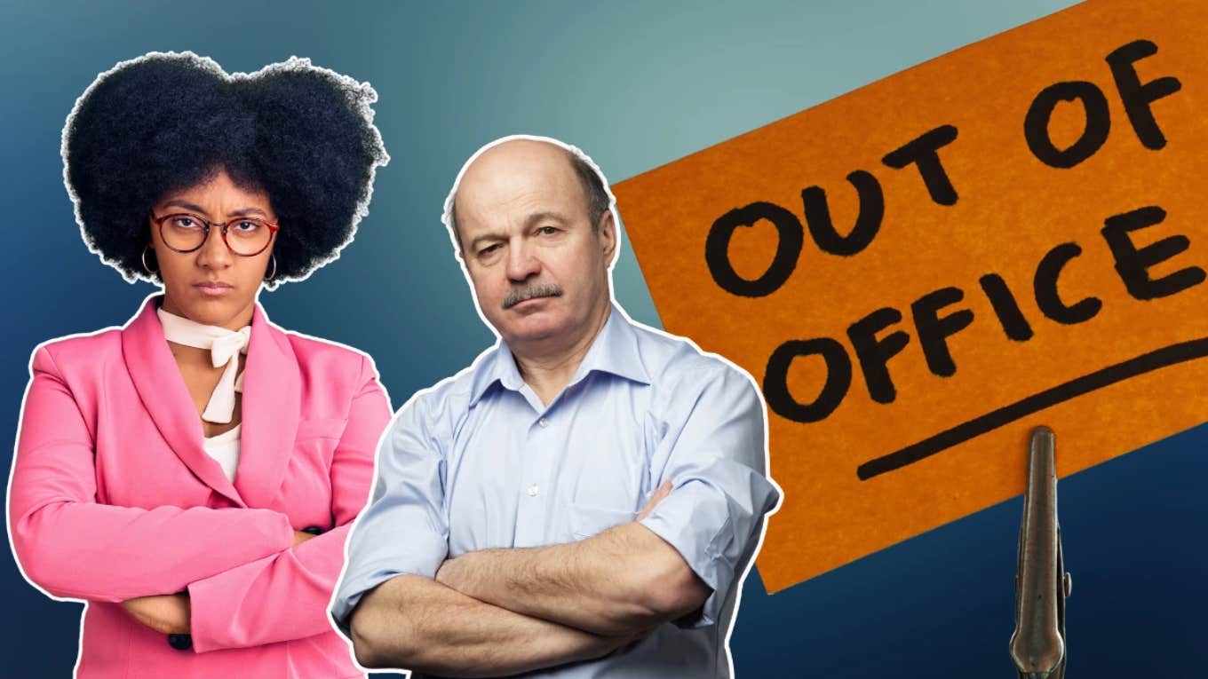 Worker Reprimanded For Not Signing Out For Bathroom Breaks upset businesswoman and businessman, out of office sign