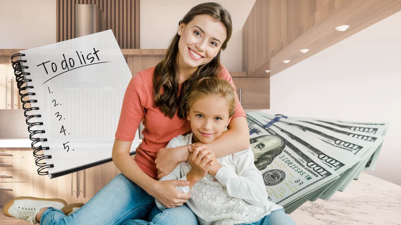 Babysitter with young child in front of a chore list