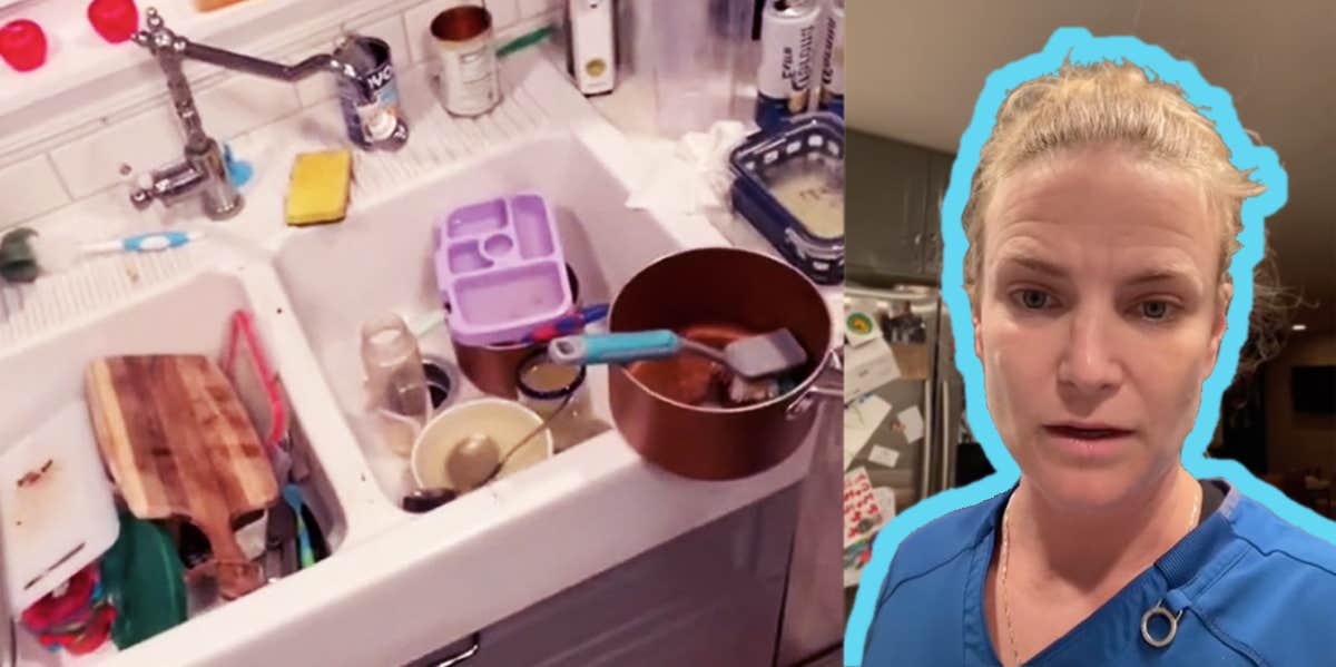 A photograph of a messy sink filled with dishes, and a white woman speaking to the camera beside it.