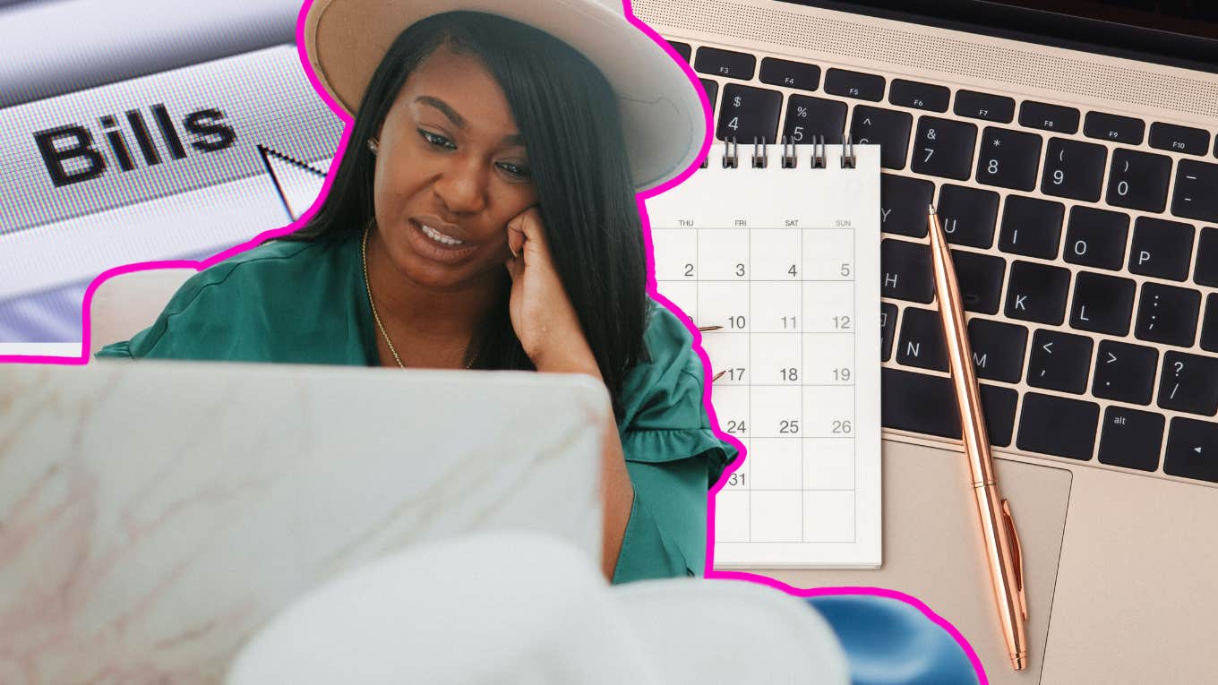 woman o laptop, laptop and calendar, bills tab on computer