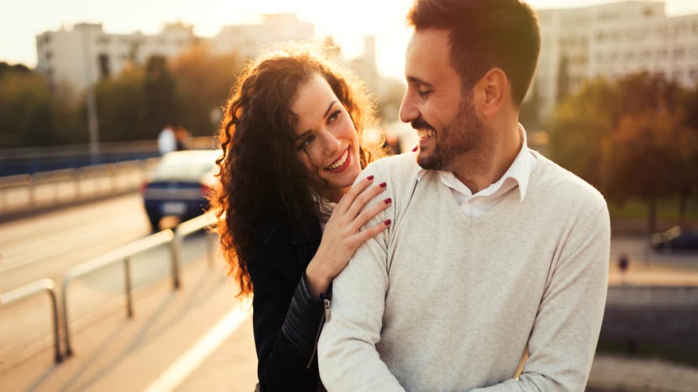 couple looking at each other happily